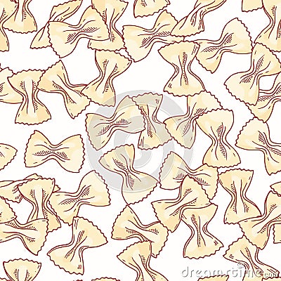 Hand drawn pasta farfalle seamless pattern. Background for restaurant or food package design Vector Illustration