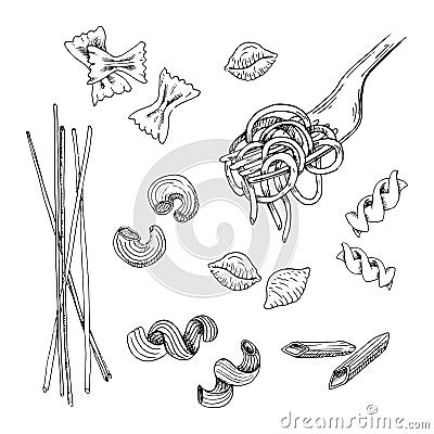 Hand drawn pasta set. Black sketched pasta collection, isolated on white background. Vintage illustration Cartoon Illustration