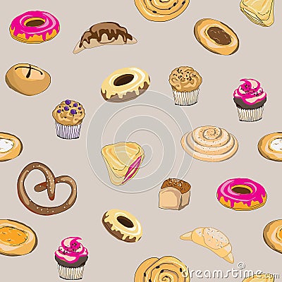 Vector illustration of pastry on grey background. Pretzel, muffin, cake, pie, croissant and bun. Seamless pattern Vector Illustration