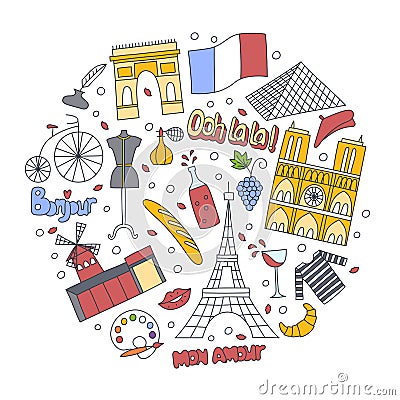 Hand drawn patch badges with France symbols - Eiffel tower Moulin Rouge Triumphal arch, champagne bike flag croissant Vector Illustration