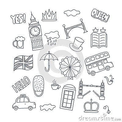 Hand drawn patch badges with United Kingdom symbols - bus crown cloud hat flag umbrella cup of tea, red telephone box Vector Illustration