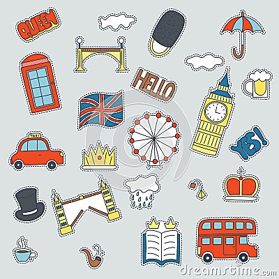 Hand drawn patch badges with United Kongdom symbols - bus crown cloud hat flag umbrella cup of tea, red telephone box Vector Illustration