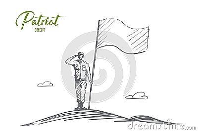 Hand drawn patriot soldier standing with flag Vector Illustration