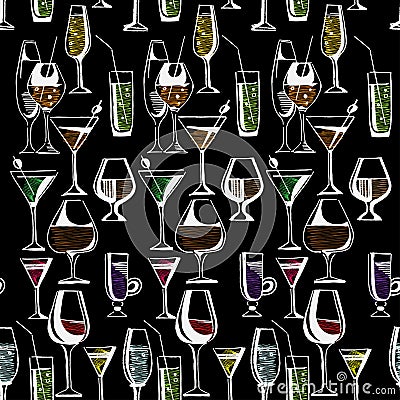 Hand drawn pattern of alcohol drinks and cocktails. Vector illustration Vector Illustration