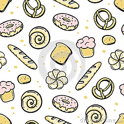 A hand-drawn pattern of bakery elements bretzel croissant bread donut baguette Vector in the style of a doodle sketch. For cafe Vector Illustration