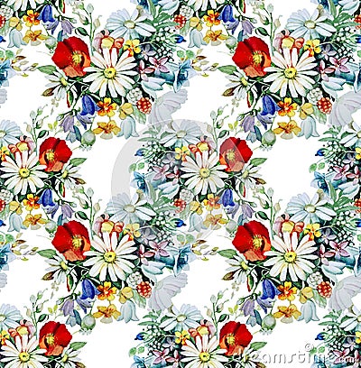 Hand-drawn pattern with chamomiles, poppies, bells, buttercups isolated on a white background Stock Photo