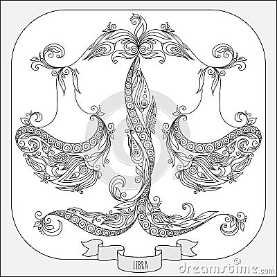 Hand drawn pattern for coloring book zodiac Libra. Vector Illustration