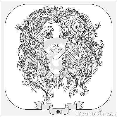 Hand drawn pattern for coloring book zodiac Virgo. Vector Illustration