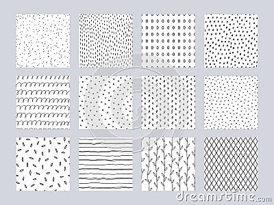 Hand drawn pattern. Seamless doodle prints with minimalistic sketch shapes. Decorative black and white backgrounds with Vector Illustration