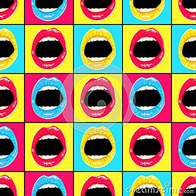 Hand drawn pattern in style pop art with colorful lips and teeth Stock Photo