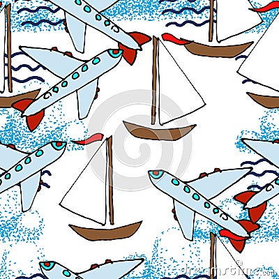 Hand drawn pattern. Yachts and airplanes. Vector Illustration