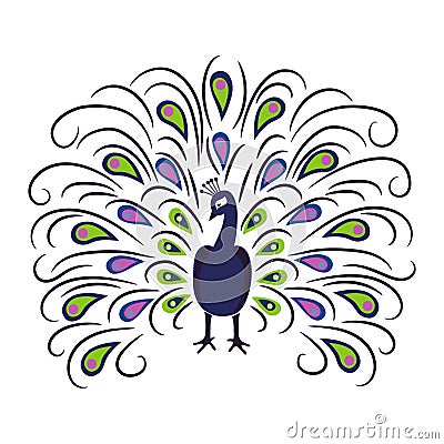 Hand drawn peacock isolated on white background. Vector Illustration
