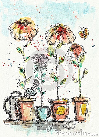 A hand drawn pen and ink watercolor illustration painting of whimsical flowers Cartoon Illustration