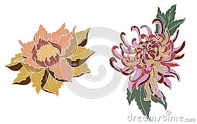 Hand drawn Peony flower,Lotus and chrysanthemum flower Chinese style vector art.Chinese tattoo design pink Peony flower. Vector Illustration