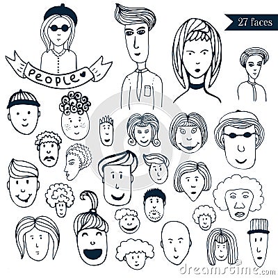 Hand-drawn people crowd doodle collection of avatars. 27 different funny faces. Cartoon vector set. People icons Vector Illustration