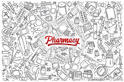 Hand drawn Pharmacy doodle set with lettering Vector Illustration