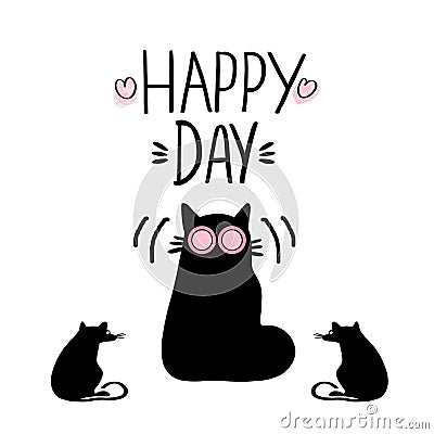 Hand drawn phrase lettering Happy Day and silhouette funny cat with rats on white background. Stock Photo