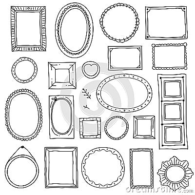 Hand drawn picture frame. Doodle square oval photo frames, scrapbook scribble borders vector sketch isolated set Vector Illustration