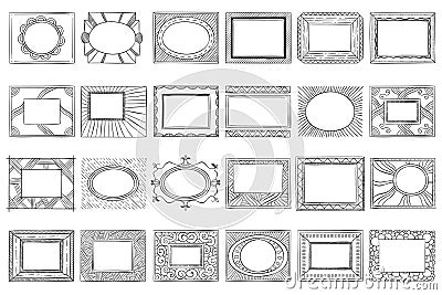 Hand drawn picture frames. Sketch frame, doodle style photo and art mirror frames vector set Vector Illustration