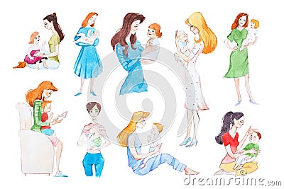 Hand-drawn picture of happy young mothers holding their children, talking, looking with love Stock Photo