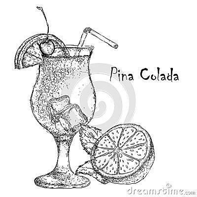 Hand drawn pina colada cocktail in glass with lime. Vector illustration Vector Illustration