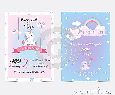 Hand drawn pink blue card and label with sleep unicorn,ribbon,rainbow,cloud and star Vector Illustration