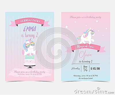 Hand drawn pink blue card and label with sleep unicorn,rainbow,star,cake,glasses Vector Illustration