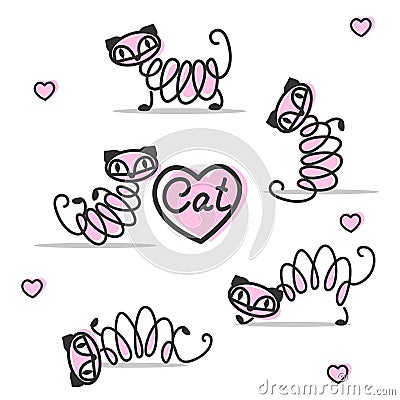 Hand drawn pink cute cats set Vector Illustration