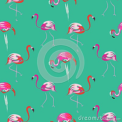 Hand drawn pink flamingo bird mint seamless pattern. Vector Illustration