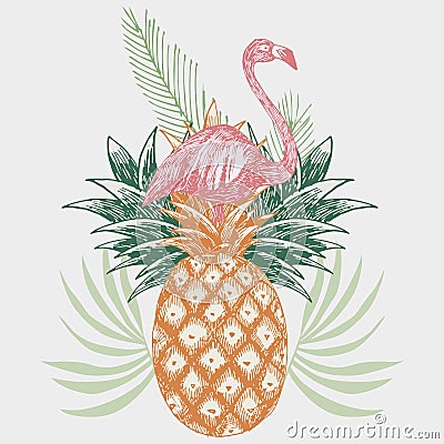 Flamingo on pineapple tropical print Vector Illustration