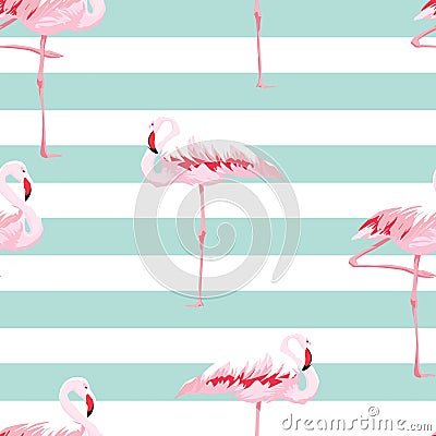 Pink flamingo seamless pattern with stripes Vector Illustration