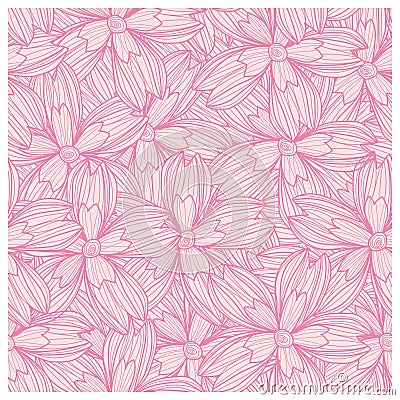 Hand drawn pink flowers seamless pattern. Rapport. Vector Stock Photo