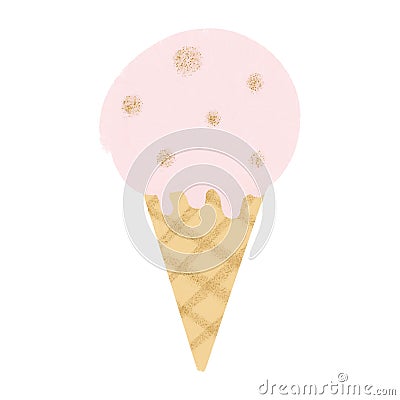 Cute hand drawn pink and gold cone ice cream illustration on white background Cartoon Illustration