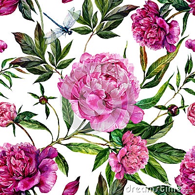 Hand drawn pink peonies bouquet seamless pattern Vector Illustration