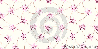 Hand drawn pink star shaped flowers with orange curves network on off white background. Vector seamless pattern Vector Illustration