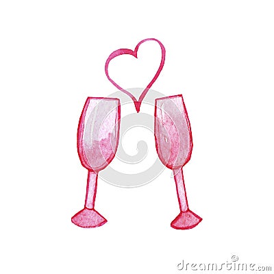 Hand drawn pink watercolor glasses with heart isolated on white background. Stock Photo