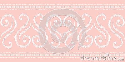 Hand-Drawn Pink and White Heart Shape Traditional Ikat Vector Seamless Pattern Horizontal Border Vector Illustration