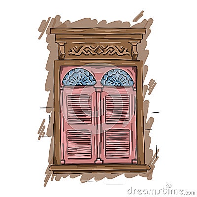 Hand drawn pink window. Vintage artistic architecture shutters Vector Illustration