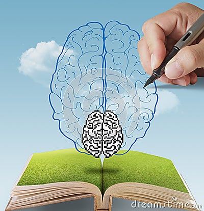 Hand drawn pixel brain as concept Stock Photo