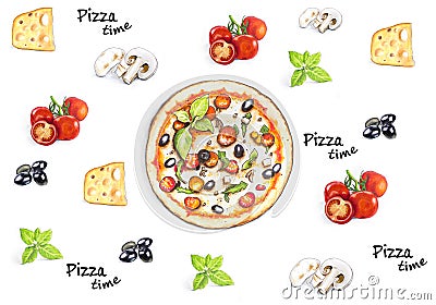 Hand drawn Pizza time background with pizza ingridients Stock Photo