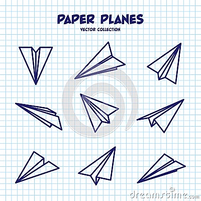 Hand drawn planes on checkered paper sheet. School notebook for drawing. Doodle airplane. Aircraft icon, simple Vector Illustration