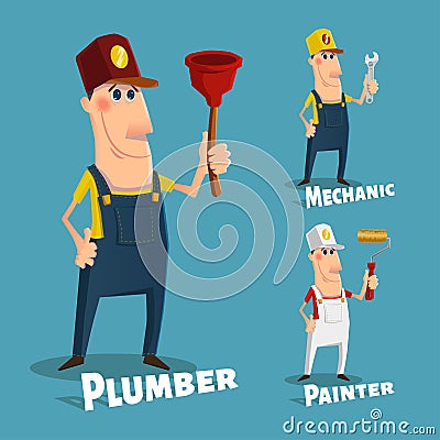 Hand drawn plumber,painter and mechanic characters Vector Illustration