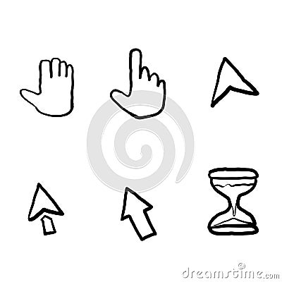 Hand drawn Pointer cursor icons. Web arrows cursors, mouse clicking and grab hand pixel icon. Computer pointers, internet cursor Vector Illustration