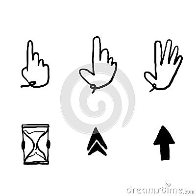 Hand drawn Pointer cursor icons. Web arrows cursors, mouse clicking and grab hand pixel icon. Computer pointers, internet cursor Vector Illustration