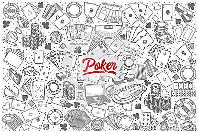 Hand drawn Poker doodle set with lettering Vector Illustration