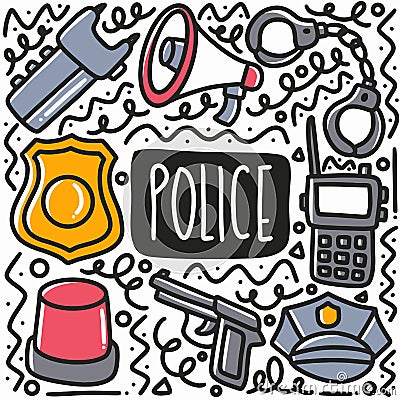 hand drawn police equipment doodle set Vector Illustration