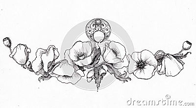 Hand drawn poppies. Black and white tattoo illustration. Cartoon Illustration