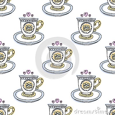 Hand drawn porcelain ceramic cup with saucer. Crown, emblem, girly style logo seamless pattern with hearts. Vector Illustration