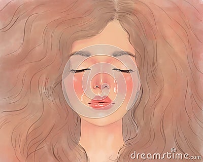 Hand-drawn portrait of a beautiful girl with long hair. woman with closed eyes cries and tears flow down her cheeks Stock Photo