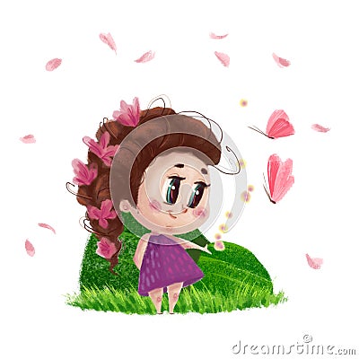 Hand drawn portrait of cute little girl standing on the green grass with flowers in long hair isolated Cartoon Illustration